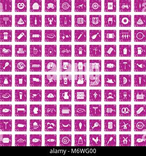 100 meat icons set grunge pink Stock Vector