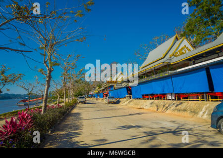 CHIANG RAI, THAILAND - FEBRUARY 01, 2018: Outdoor view of street market located at one side of the street at the Golden Triangle Special Economic Zone Stock Photo