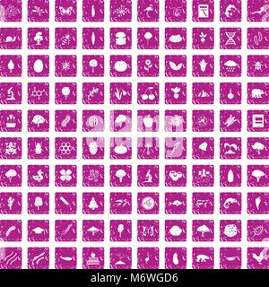 100 microbiology icons set grunge pink Stock Vector