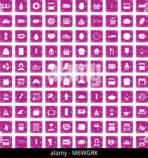 100 bakery icons set grunge pink Stock Vector