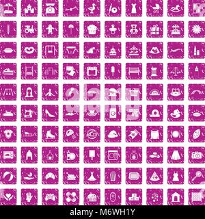 100 motherhood icons set grunge pink Stock Vector