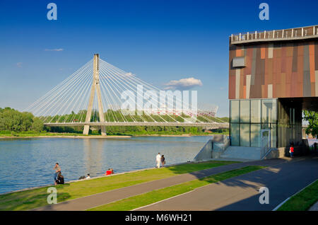 Boulevard of Bohdan Grzymaly-Siedlecki near the Copernicus Science Center and the Swietokrzyskie bridge. The National Stadium in the background. Warsa Stock Photo