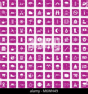 100 mountaineering icons set grunge pink Stock Vector