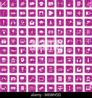 100 multimedia icons set grunge pink Stock Vector