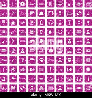 100 music icons set grunge pink Stock Vector