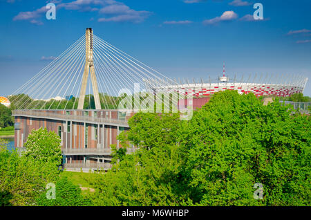 Copernicus Science Center in Warsaw. View from the roof of the University of Warsaw Library. In the background, the Swietokrzyski bridge and the Natio Stock Photo