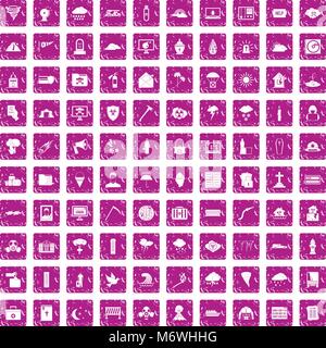 100 natural disasters icons set grunge pink Stock Vector