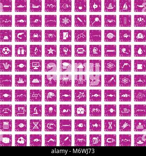 100 oceanology icons set grunge pink Stock Vector