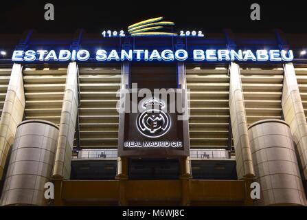 Night view of the facade of the Santiago Bernabeu stadium of Real Madrid Stock Photo