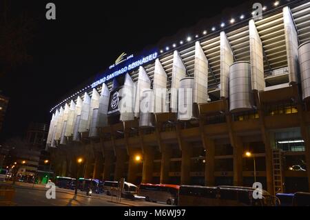 Night view of the facade of the Santiago Bernabeu stadium of Real Madrid Stock Photo