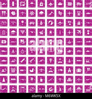 100 plane icons set grunge pink Stock Vector