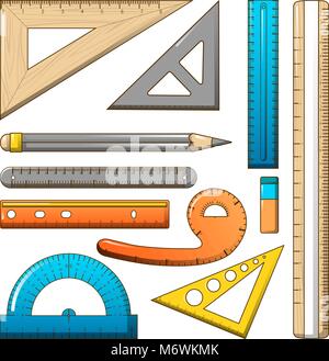 Ruler measure pencil icons set, cartoon style Stock Vector