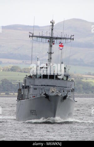 FS Sagittaire (M650), an Eridan-class (Tripartite) minehunter from the French Navy, passing Greenock at the start of Exercise Joint Warrior 17-2. Stock Photo