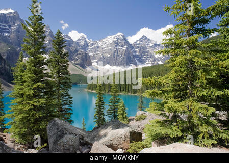 The famous viewing point over Lake Moraine, Alberta Canada is known as the Rock Pile. This is a popular tourist stop for visitors to Canada. Stock Photo