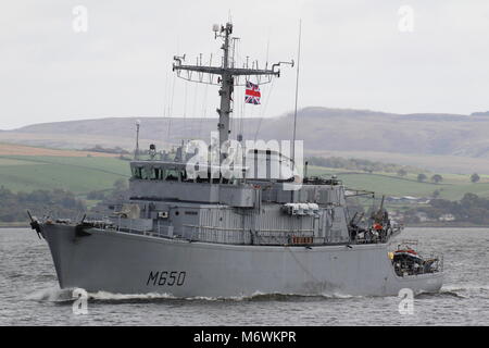 FS Sagittaire (M650), an Eridan-class (Tripartite) minehunter from the French Navy, passing Greenock at the start of Exercise Joint Warrior 17-2. Stock Photo