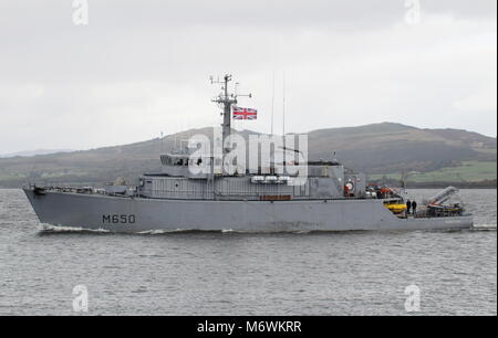 FS Sagittaire (M650), an Eridan-class (Tripartite) minehunter from the French Navy, passing Greenock at the start of Exercise Joint Warrior 17-2. Stock Photo