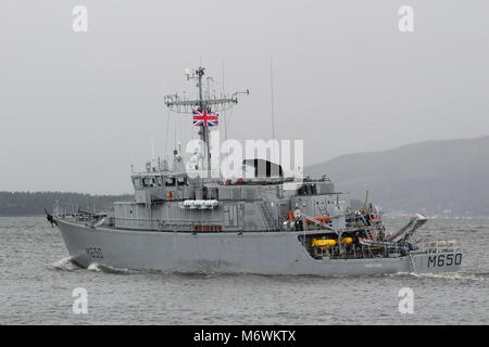 FS Sagittaire (M650), an Eridan-class (Tripartite) minehunter from the French Navy, passing Greenock at the start of Exercise Joint Warrior 17-2. Stock Photo