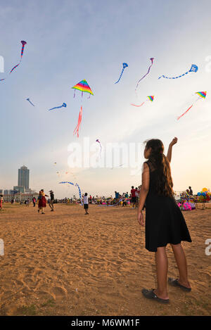 Vertical view of people kite-flying on Galle Face Green in Colombo, Sri Lanka. Stock Photo