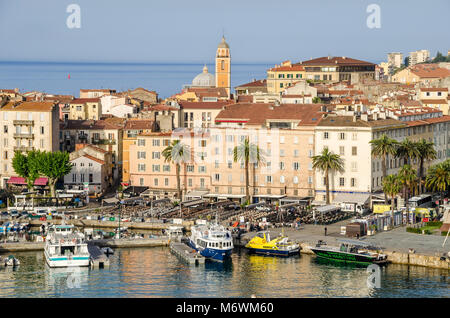 Ajaccio, France - May 27, 2016: View of the center of capital city of Corsica and birthplace of Napoleon Bonaparte with its marina and Fishing Port Stock Photo