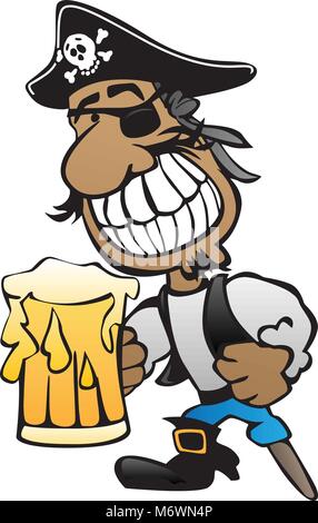 Pirate Cartoon Character with Peg Leg, Eye Patch and Beer Vector Illustration Stock Vector