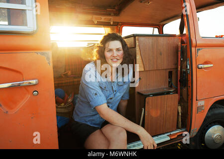 Woman in her van Stock Photo