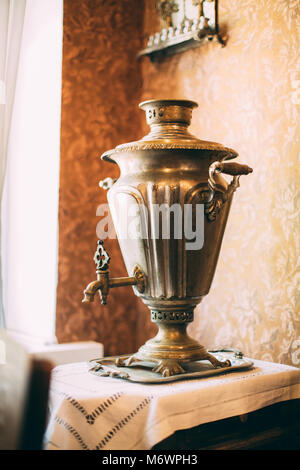 Russian Traditional Samovar. A Samovar Is A Heated Metal Container Traditionally Used To Heat And Boil Water In Russia. Meanwhile The Samovar Is Well- Stock Photo