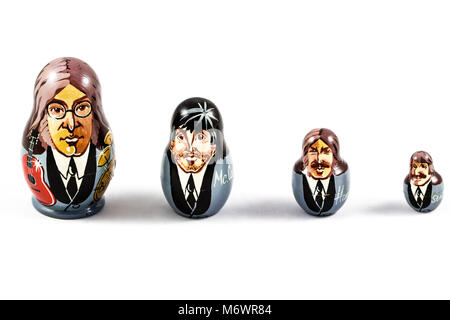 England Liverpool  - August 25, 2016 . Russian traditional nested dolls - matryoshka. Dolls have a portrait of The Beatles,George Harrison, Ringo Star Stock Photo
