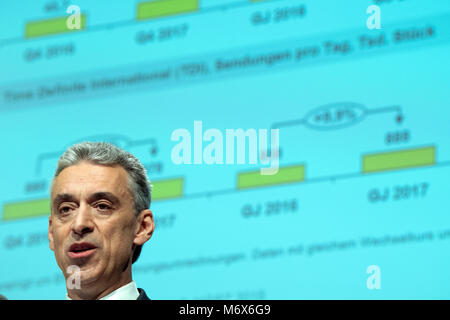 07 March 2018, Germany, Bonn: Frank Appel, the chairman of the board of 'Deutsche Post DHL Group', German postal service and international courier service company, speaks during the company's annual balance press conference. The German stock market listed company is announcing its 2017 business results and prospects for 2018. Photo: Federico Gambarini/dpa Stock Photo