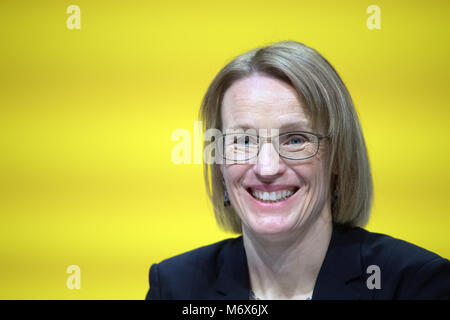 07 March 2018, Germany, Bonn: Melanie Kreis, head of finance of 'Deutsche Post DHL Group' the German postal service and international courier service company, speaks during the company's annual balance press conference. The German stock market listed company is announcing its 2017 business results and prospects for 2018. Photo: Federico Gambarini/dpa Stock Photo