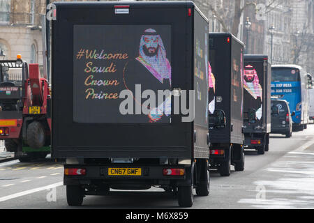 London, UK. 7th March, 2018. Advertising vans tour Westminster displaying a message and image welcoming Saudi Crown Prince Mohammed bin Salman to the UK. The Saudi Crown Prince's visit is highly controversial because of Saudi Arabia's human rights record and its attacks on Yemen which have resulted in large numbers of civilian casualties and a humanitarian crisis. Credit: Mark Kerrison/Alamy Live News Stock Photo