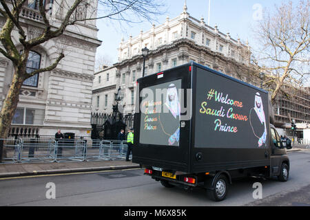 London, UK. 7th March, 2018. Advertising vans tour Westminster displaying a message and image welcoming Saudi Crown Prince Mohammed bin Salman to the UK. The Saudi Crown Prince's visit is highly controversial because of Saudi Arabia's human rights record and its attacks on Yemen which have resulted in large numbers of civilian casualties and a humanitarian crisis. Credit: Mark Kerrison/Alamy Live News Stock Photo