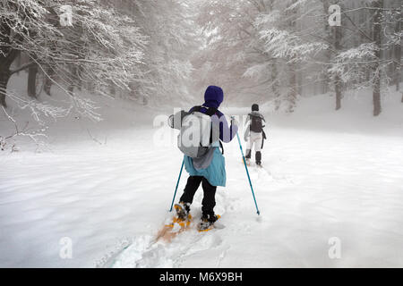Subiaco, Italy - February 25, 2018: In the middle of winter, two people take an excursion on the snow-covered mountain, wearing snowshoes on their fee Stock Photo