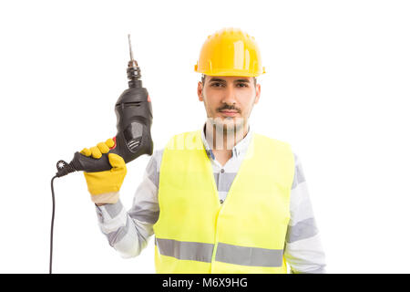 Handsome young repairman holding drilling machine isolated on white background Stock Photo