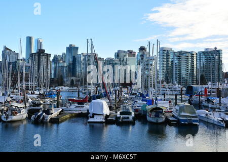 Stanley Park marina with Vancouver skyline in the background. Stock Photo