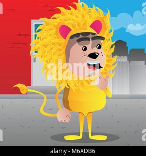 Boy dressed as lion holdin finger front of his mouth. Vector cartoon character illustration. Stock Vector