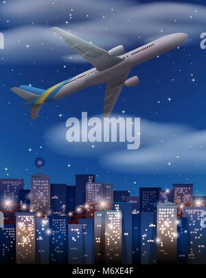 Airplane flying over buildings in city illustration Stock Vector