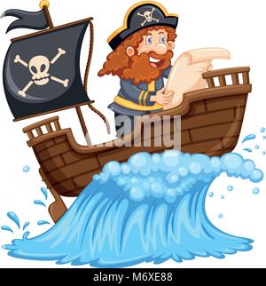 Pirate reading map on ship illustration Stock Vector