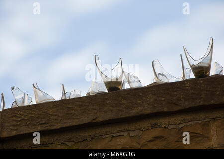 Broken bottles set in cement on the top of a wall to deter thieves or intruders Lancashire England UK GB Stock Photo