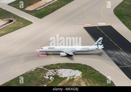 Aegean Airlines Airbus A321-200 with matriculation SX-DGP taxiing of the runway to the apron Stock Photo