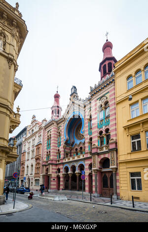 Prague, Czech Republic- March 05, 2018: Jerusalem (Jubilee) Synagogue in the newest and largest synagogue of the Jewish community in Prague. Art Nouve Stock Photo