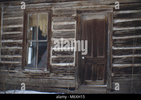 Detail of an abandoned log cabin in the ghost town of Tower, east of Philipsburg, Montana. Stock Photo