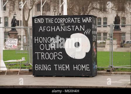 A stand protesting against the war in Afghanistan opposite the Houses of Parliament in Parliament Square, London on March 17, 2011. Stock Photo