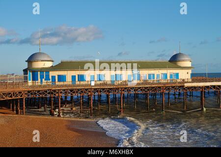 The Victorian pier at Hastings in East Sussex, England on January 1, 2013. Wrecked by fire in 2010, rebuilding of the pier began in 2014. Stock Photo