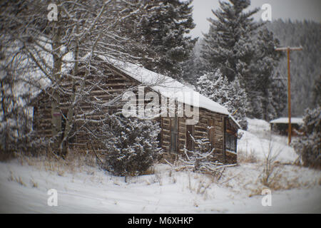 An abandoned log cabin in the ghost town of Tower, east of Philipsburg, Montana. Stock Photo