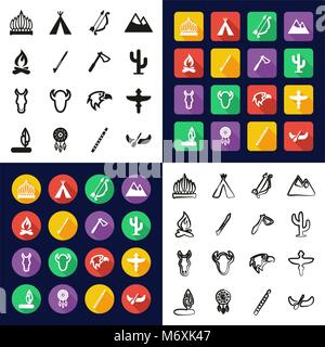 Native American All in One Icons Black & White Color Flat Design Freehand Set Stock Vector