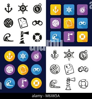 Nautical All in One Icons Black & White Color Flat Design Freehand Set Stock Vector
