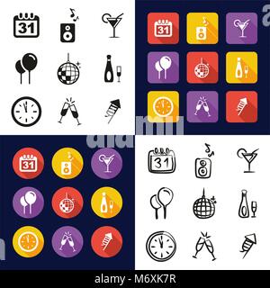 New Years Eve All in One Icons Black & White Color Flat Design Freehand Set Stock Vector