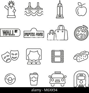 New York City & Culture Icons Thin Line Vector Illustration Set Stock Vector
