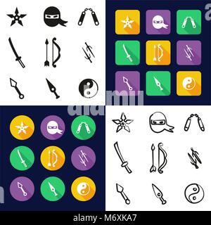 Ninja All in One Icons Black & White Color Flat Design Freehand Set Stock Vector