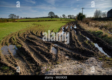 Muddy wheel tracks in a field, Hanbury, Tutbury, Burton on Trent, Staffordshire. Stock Photo